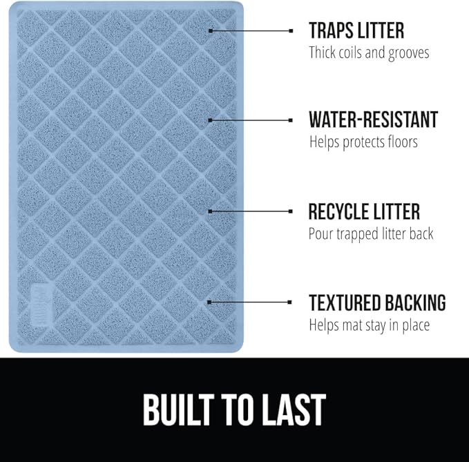 GORILLA GRIP Cat Litter Box Mat, 35x23, Water Resistant, US Designed Kitty Litter Trapping Mats, Easy to Clean, Scatter Control, Less Mess and Clean Floors, Kitten Supplies for Indoor Cats, Light Blue