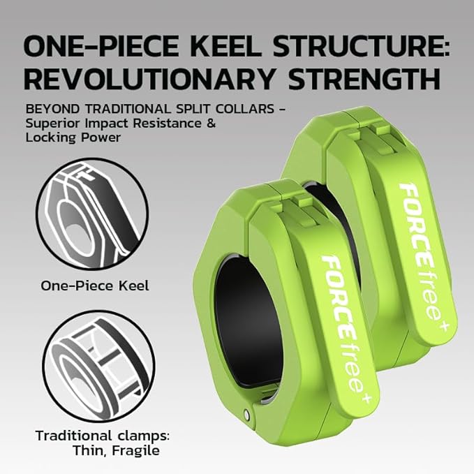 Forcefree+ Barbell Clips (Pair), Barbell Clamps, Quick Release Olympic Barbell Clamps with Anti Slip TPR Grip, Barbell Collars for Secure Weightlifting & Powerlifting (Non Magnetic, Green)