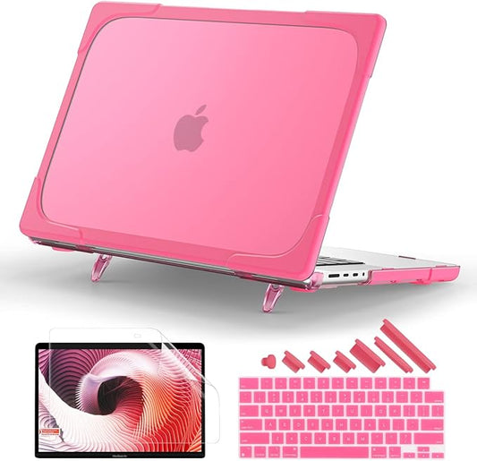 Batianda Heavy Duty Case for New MacBook Pro 16 inch 2026 M5 2024 M4 2023 M3 2021 M2 Pro Max Chip- Ergonomic Foldable Kickstand (Holds 22lbs/Zero Wobble) Matte Translucent Rugged Armor Cover, Pink