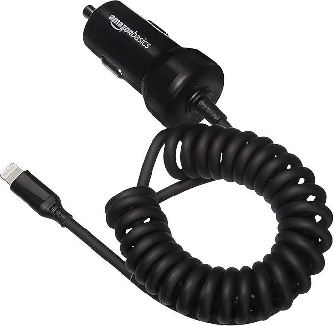 Amazon Basics 12W (5V, 2.4A) Fast Car Charger with Coiled Lightning Cable, MFi Certified for iPhone, iPad and Apple Devices, 1.5 ft, Black