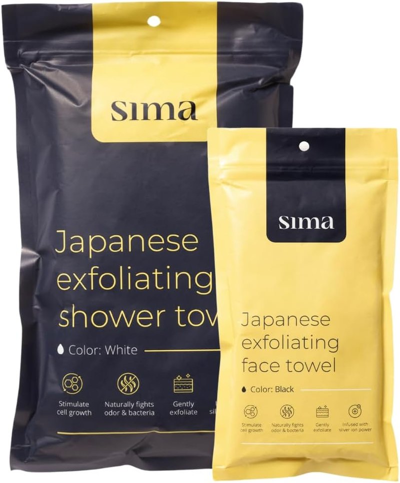 Sima Exfoliating Body Towel Bundle - White & Japanese Face Towel with Hexagon Fibers | Dual-Sided Scrubber