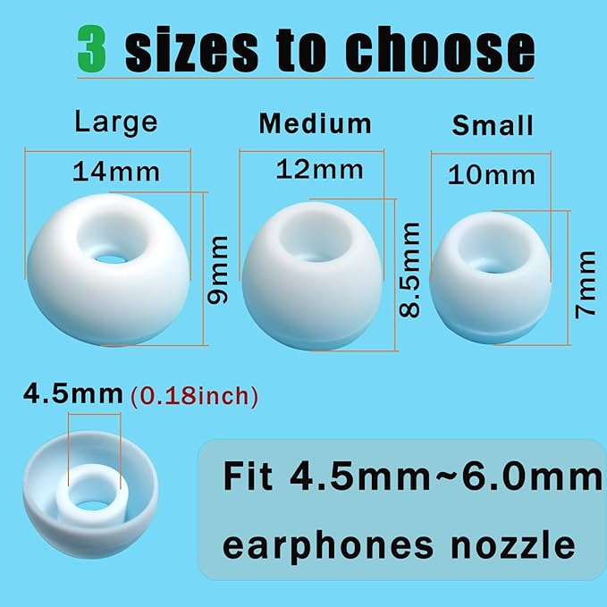 Universal Silicone Ear/Earbud Tips - Replacement Tips for 5mm-7mm Nozzle, 6 Pairs (S/M/L) Soft Comfort Noise Isolation for True Wireless Earbuds, White