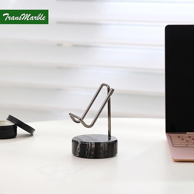 TransMarble Marble Phone Stand with Metal Holder, Charging Available While Using, Swipe Up to Unlock, Made of Natural Marble as Business Card Holder for Office Desk (Wooden Black + Black)