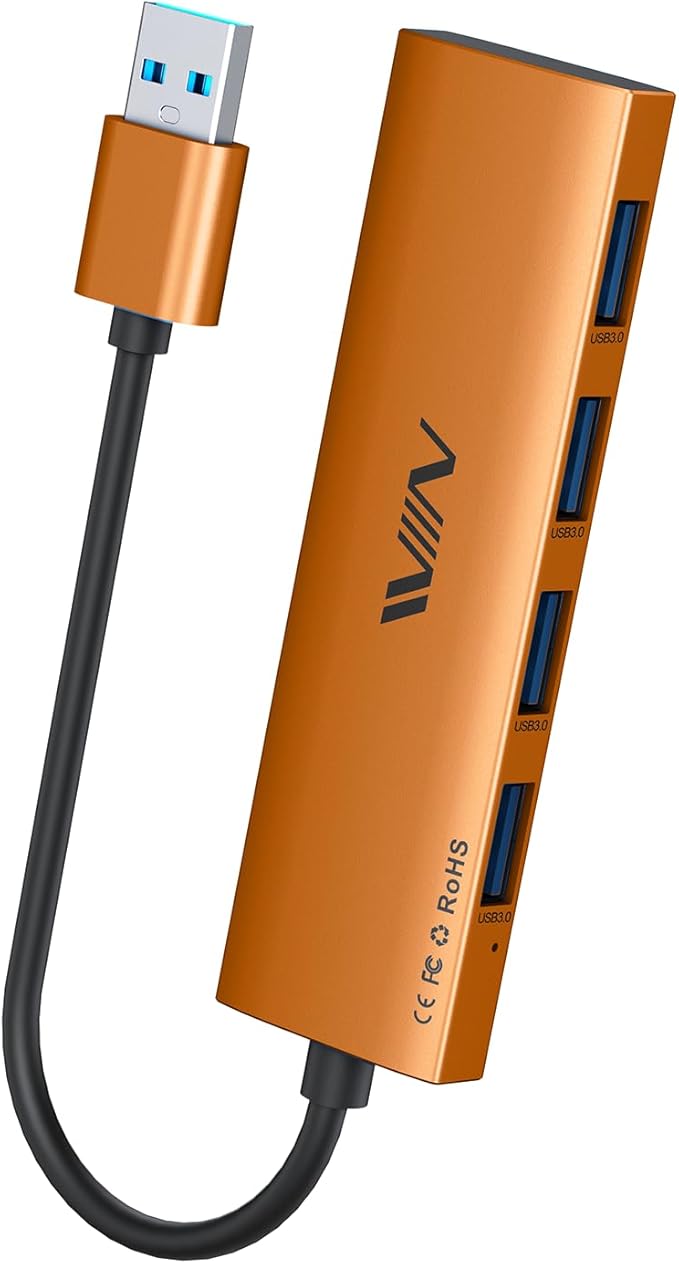 USB 3.0 Hub, 4 Port USB Hub Splitter, USB A Expander Portable USB Adapter Multiport Data Hub for Laptop, iMac Pro, MacBook Air, Mac mini/Pro, Surface Pro, USB Flash Drives, and Mobile HDD-Orange