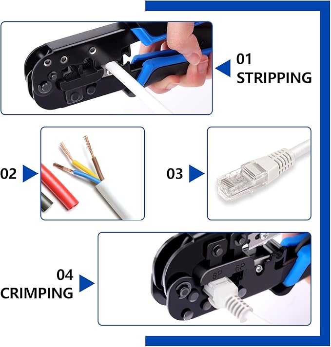 Delgada RJ45 Crimp Tool, Ethernet Crimper for RJ-11,6P/RJ-12,8P/RJ-45 Crimp, with 20pcs Cat5 Cat5e RJ-45 Connectors-20PCS Covers-1 Network Wire Stripper