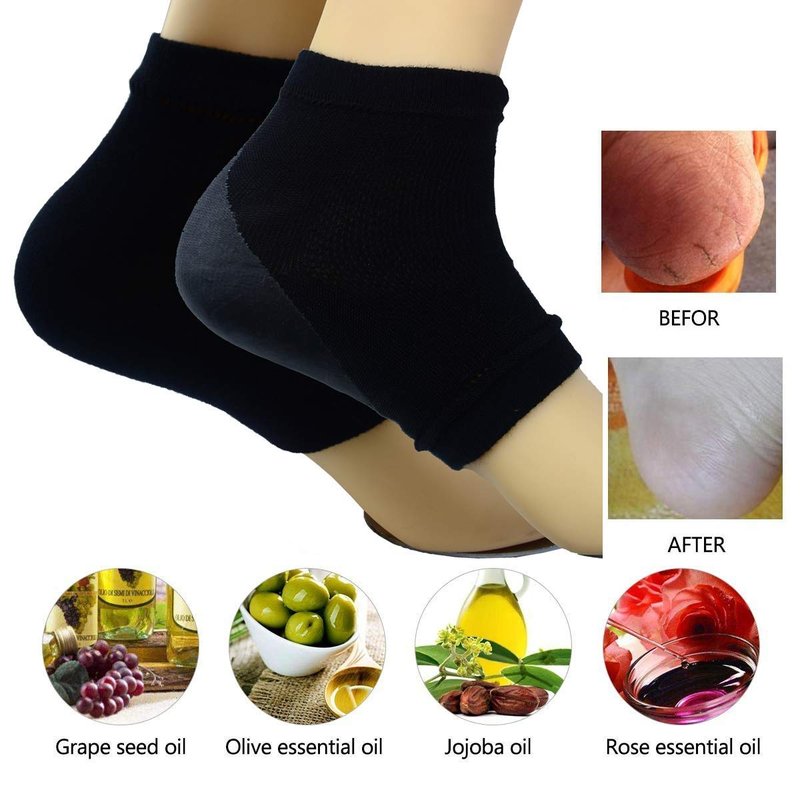 Makhry 2 Pairs Moisturizing Silicone Gel Heel Socks for Dry Hard Cracked Skin Open Toe Comfy Recovery Socks Day Night Care (Black)