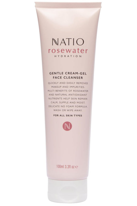 Natio Australia Rosewater Hydration Gentle Cream-Gel Face Cleanser, 3.3 oz - Facial Cleanser with Rosewater - Travel Size Face Wash for All Skin Types