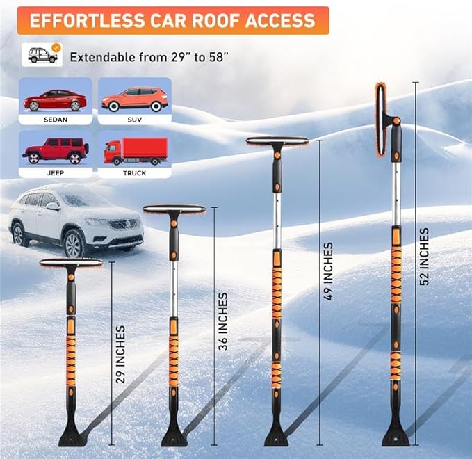 EcoNour 49" Extendable Squeegee Snow Brush and Ice Scraper for Car Windshield & Windows | 270Â° Telescopic Snow Broom with Pivoting Squeegee | Heavy Duty Car Snow Removal Tool for SUV, Truck & Car
