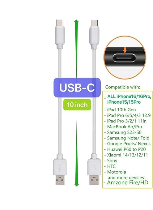 JuSoFU 10-Pack Multi Short USB Cables & TypeC-C Cables for Charging Stations Compatible/w iPhone17,16,15, iPhone5-14/ iPads/iPad mini/iPad Pros/Samsung Moblies & Tablets/Pixel & Nexus/HTC/Sony(White)