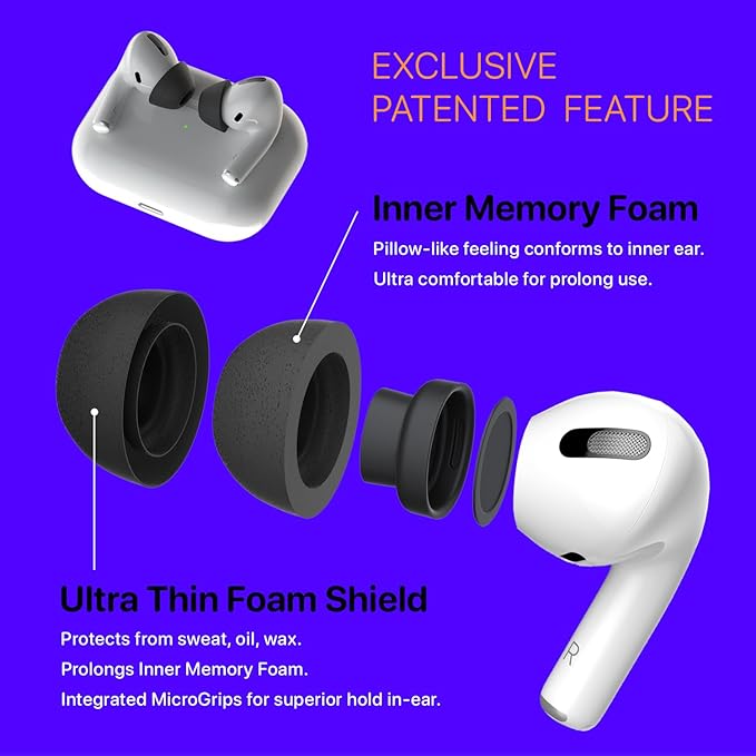 CharJenPro AirFoams Pro Ultra Memory Foam Ear Tips for AirPods Pro 1st & 2nd Gen, New Version 5.0, Secure in Ear, Comfortable, Great Noise Cancellation, Replacement Buds, 3 Pairs (Assorted S/M/L)