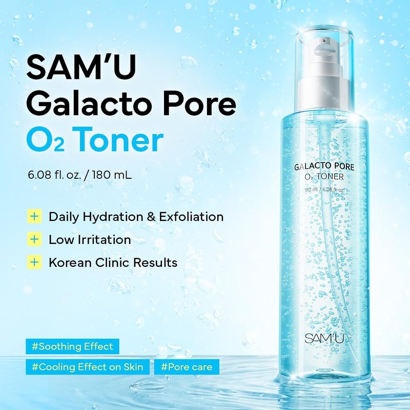 SAM'U Galacto Pore O2 Toner, Pore Refining & Hydrating Hyaluronic Acid Toner with PHA & Alcohol-Free Witch Hazel, Gentle Exfoliating Daily Care, Face Toner for Women, 6.08 fl oz