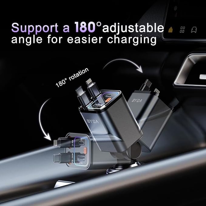 4 in 1 Retractable Car Charger,69W USB-C Fast Car Charger, for iPhone 17/16/15/14/13/12/11, Android,Pixel,Cigarette Lighter Charger (for Type C+Apple &RGB)