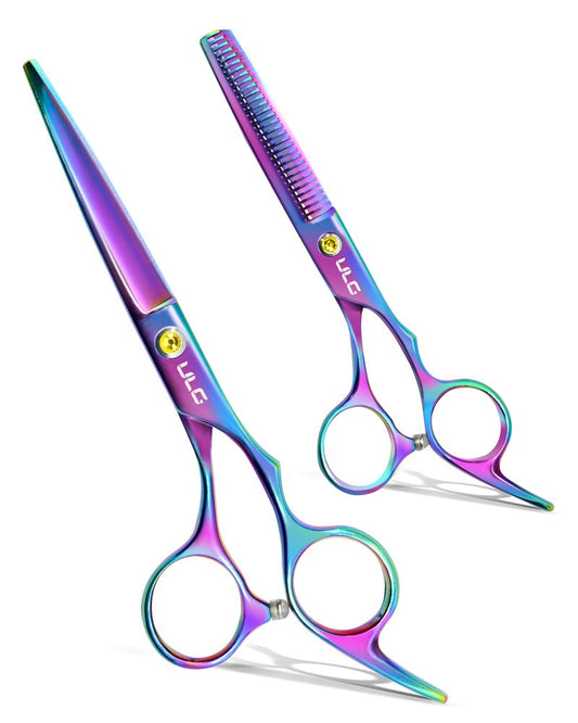 ULG Professional Hair Scissors Kit Right-Hand Razor Edge Barber Scissors Salon Hair Cutting Shears Made of Japanese Stainless Steel, Hand Sharpened 6.5 inch Rainbow
