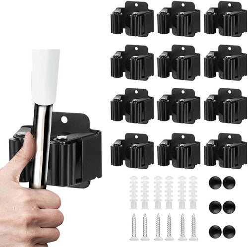 JAMEND CLXP 12PCS Broom and Mop Holder - Heavy Duty Wall-Mounted Organizer Rack in Matte Black
