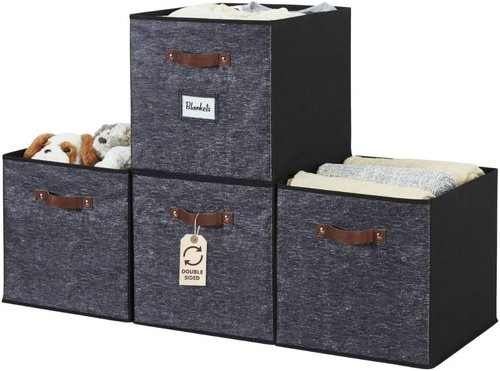 DECOMOMO Storage Baskets - 13x15x13 Cube Bins with Labels for Organized Kallax Shelves | 4-Pack, Black Pattern