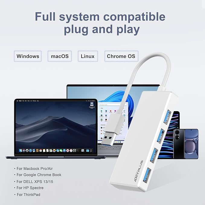 ANYPLUS USB 3.0 Hub, Portable Slim USB Hub Adapter, 0.8 ft Multiple USB Splitter, USB Extender for PC, Laptop, iMac, Surface Pro, MacBook, Mac Pro, Flash Drive, XPS, Mouse, HDD【White】
