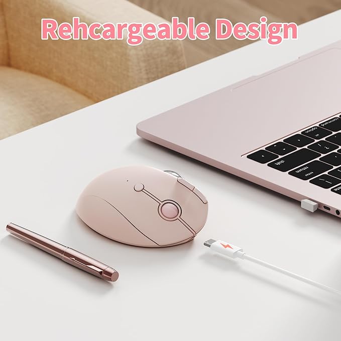 seenda Wireless Trackball Mouse, Ergonomic Bluetooth Rollerball Mouse Rechargeable, 3 Device Connection Optical Mice Adjustable DPI Thumb Control Mice Compatible for PC/Laptop/Windows/Mac - Rose Pink