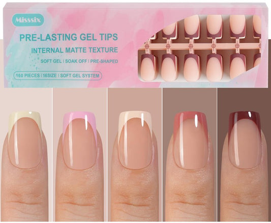 French Gel Press-On Fake Nail Tips - Short Square, Pre-Filed for Easy Nail Art | 160 Pcs in 16 Colors