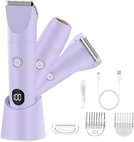 Bikini Trimmer for Women - 3-in-1 Electric Razor for Pubic & Body Hair | IPX6 Waterproof, Purple