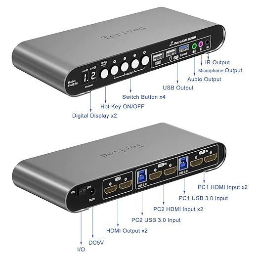 Terived 2 Computers 2 HDMI Monitors Matrix Automatic KVM Switch 4K@60Hz, Hotkey Switching, EDID, Digital Display and Aluminum Shell, USB 3.0 Hub Audio Microphone with Cables