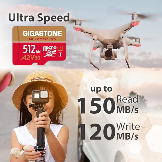 【5-Years Data Recovery】 GIGASTONE 512GB Micro SD Card, 4K Camera Pro, A2 V30 for Smartphone, Gopro, Action Cams, 4K UHD Video Recording, R/W up to 150/120 MB/s, UHS-I U3 C10 Class 10 with Adapter