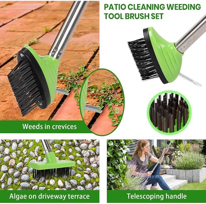 3-in-1 Weed Brush Tool Set, Adjustable Long Handle Crack Weeder & Moss Remover for Driveway, Patio, Sidewalk - Stainless Steel Crevice Cleaning Kit (3 Sets)