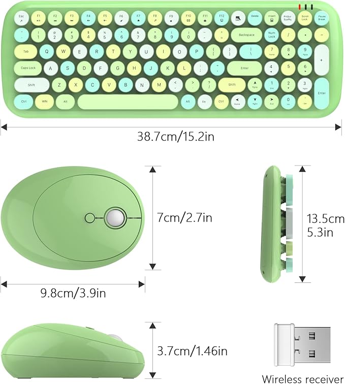 KNOWSQT Wireless Keyboard and Mouse Combo, Light Green 100 Keys 2.4 GHz Round Keycap Typewriter Keyboards, USB Receiver Plug and Play, for Windows, PC, Laptop, Mac, Desktop