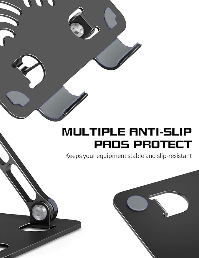 ToBeoneer Adjustable Tablet Stand for Desk, Premium Aluminum Holder for iPads, Tablets, Kindles, Switch, Phones, and All Devices up to 14 Inches. Portable and Foldable Black, Plus Size