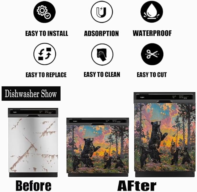 Dishwasher Magnet Cover, Forest Black Bear Family Magnetic Dishwasher Sticker for Kitchen Decoration 23x26in Fridge Panel Vinyl Decal Farmhouse Refrigerator Cover