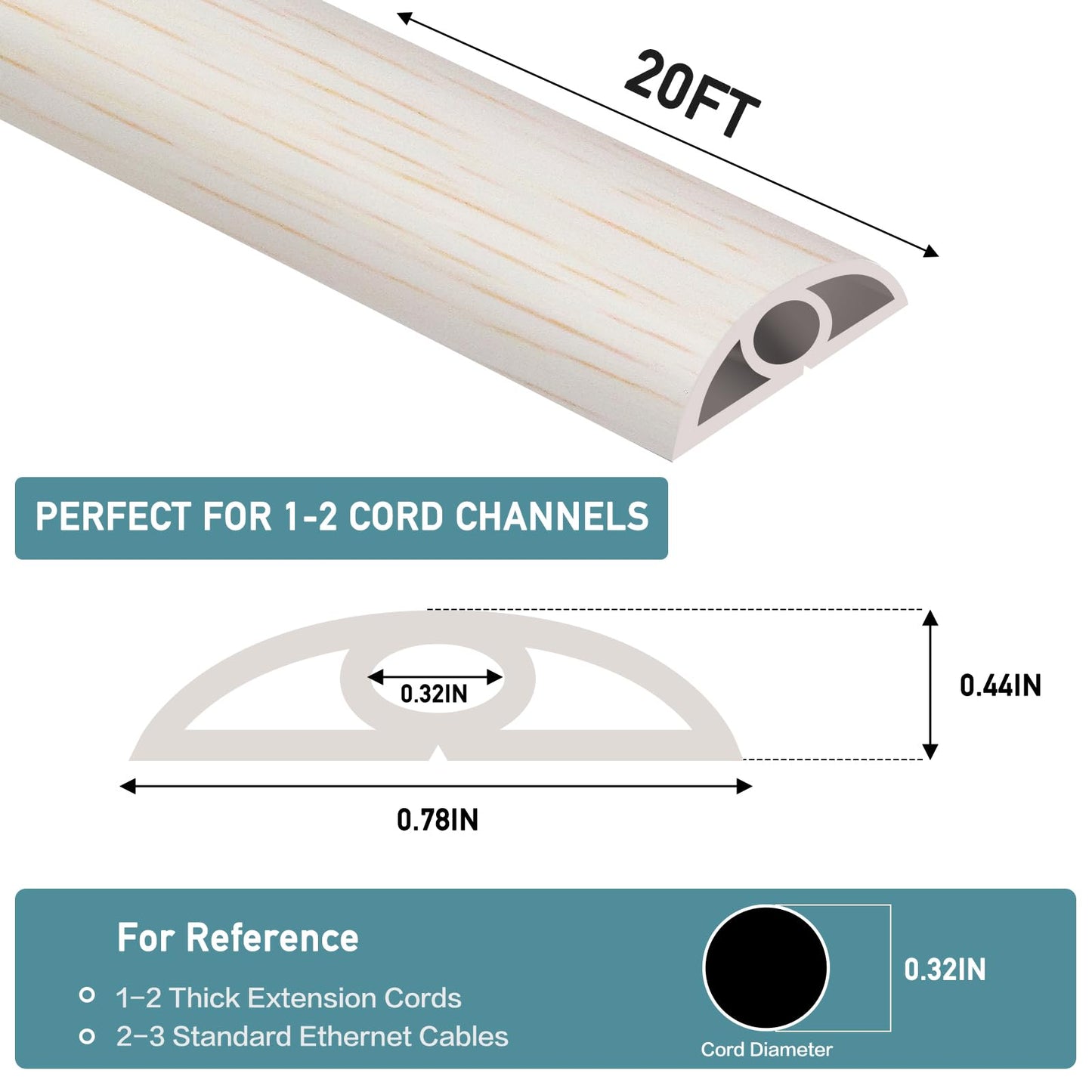 Floor Cord Cover Self Adhesive Cord Hider Floor Extension Cord Covers for Floor Power Cord Protector Cable Management Prevent Cable Trips Cable Cavity 0.32" W x 0.32" H (Beige Wood, 20Ft)