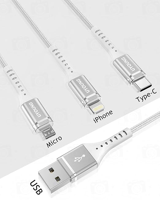 Short Multi Charging Cable 1FT 2Pack 3 in 1 Charger Cord Braided Universal Phone Cords with Lightning/Type C/Micro USB Connectors, Multiple USB Cable for iPhone/Samsung/Google Cell Phones and More