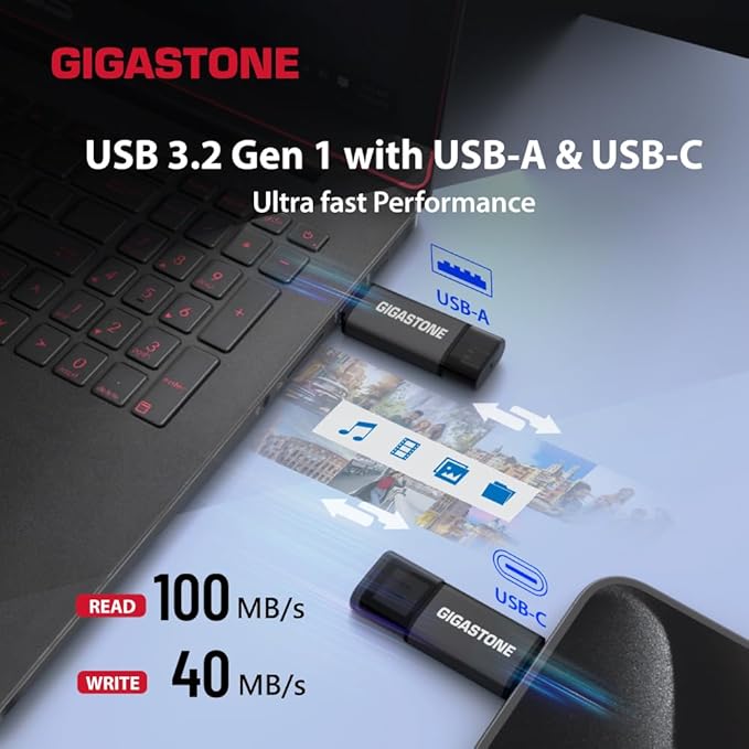 GIGASTONE 512GB Dual USB Flash Drive 2-Pack, USB 3.2 Gen 1, 2-in-1 USB C+A, Speed Up to 100MB/s, Head Cap Design Thumb Drive, Plug & Play for Smartphone/PC/Mac/TV/Car Audio, USB 2.0/3.0/3.1 Compatible