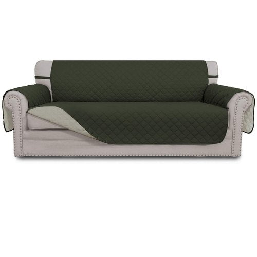Easy-Going 4 Seater Sofa Slipcover Reversible Sofa Cover Water Resistant Couch Cover with Foam Sticks Elastic Straps Furniture Protector for Pets Children Dog Cat (XX-Large, Army Green/Beige)