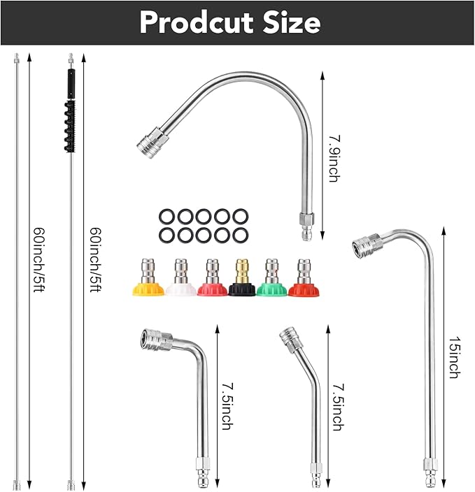 135 Inch(11.25ft) Pressure Washer Extension Wand for Gutter Roof, 6 Pcs Pressure Washer Gutter Cleaner Attachment with 6 Pcs Nozzle Tips, 1/4â Quick Connect Fitting(4000 PSI)