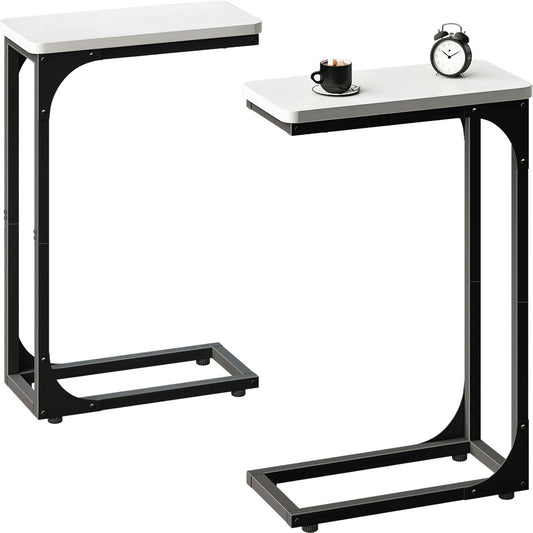 QEEIG Narrow C Shaped Side Table Set - Slim Modern Couch Tray Tables in White & Black | 7-Inch Width