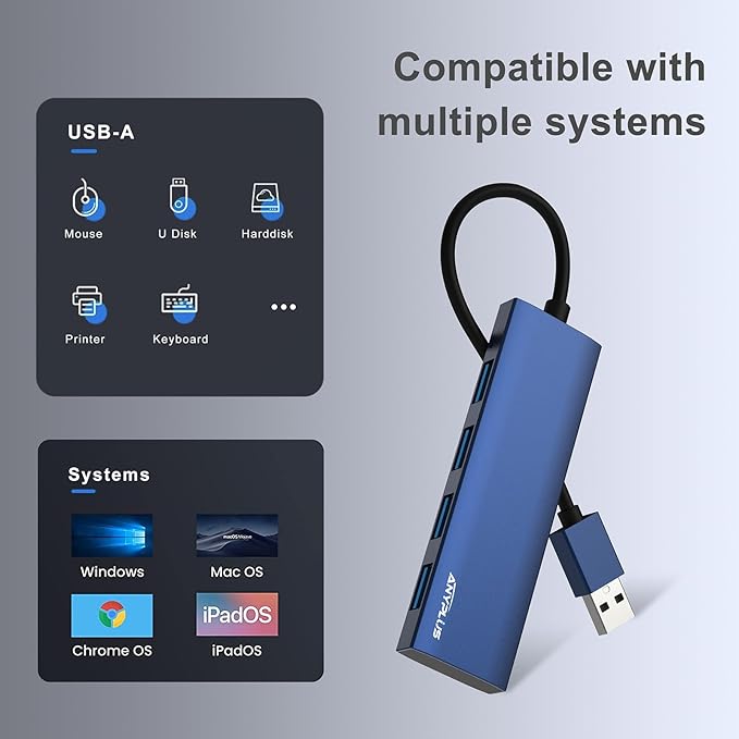 ANYPLUS USB Hub, USB 3.0 Hub Aluminum Alloy Ultra Slim USB Splitter, Portable 4 Port USB Extender, USB Hub for Laptop, PC, MacBook, iMac, Surface Pro, Mac Pro, Flash Drive, XPS 【Blue】