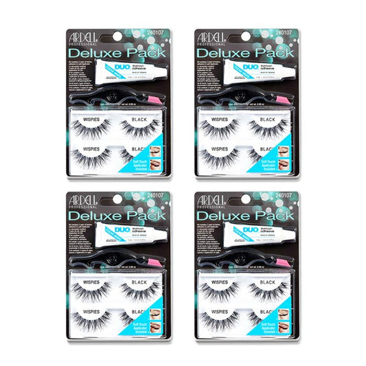 Ardell False Eyelashes Wispies Deluxe Pack - Natural Volume Lashes with Adhesive & Applicator | 4 Pack, Black
