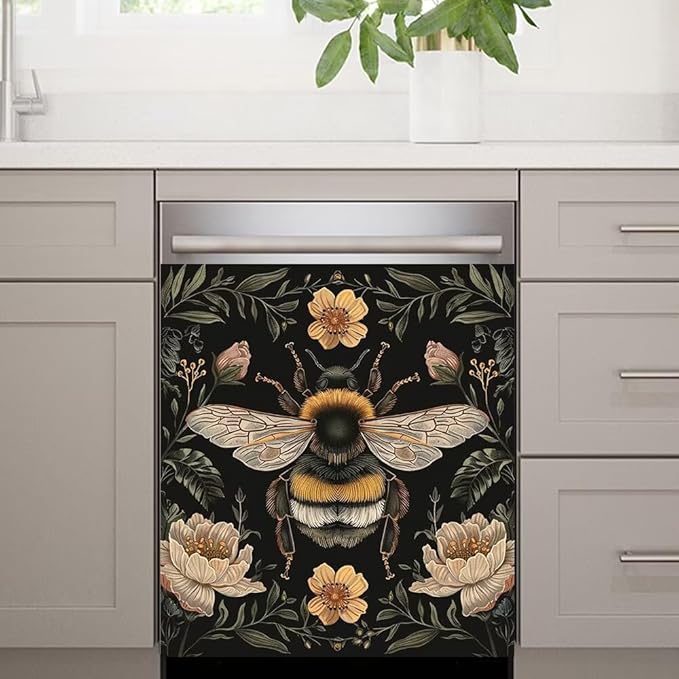 Flower and Bee Wallpaper Dishwasher Magnetic Cover Sticker Magnetic Refrigerator Full Door Cover Sticker Kitchen Decor Panel Decal 23W x 17H inchs