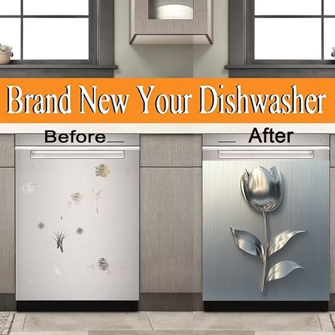 Dishwasher Magnet Cover Sticker,Brushed Silver Stainless Steel Style Background Flower Pattern Fridge Door Cover Magnetic,Refrigerator Magnet Wraps Vinyl,Home Decor Vinyl Sticker,23W x 26H inchs