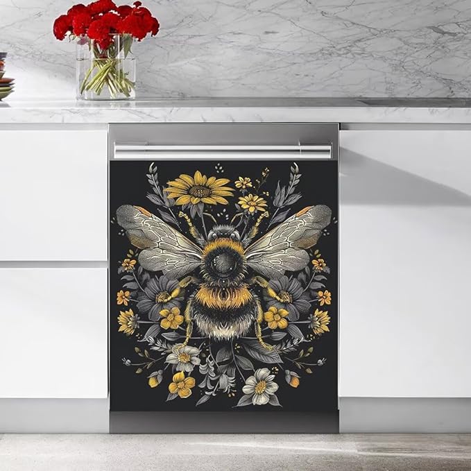 Flower and Bee Painting Dishwasher Magnet Cover Sticekr - Kitchen Decorative Fridge Panel Decal - Kitchen Appliances Decorate Sticker - 23W x 26H inchs