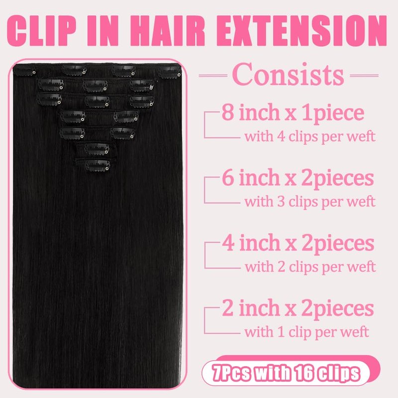 Clip In Hair Extensions - 18 Inch Invisible Seamless Real Human Hair | 1B Natural Black, 95g Double Weft