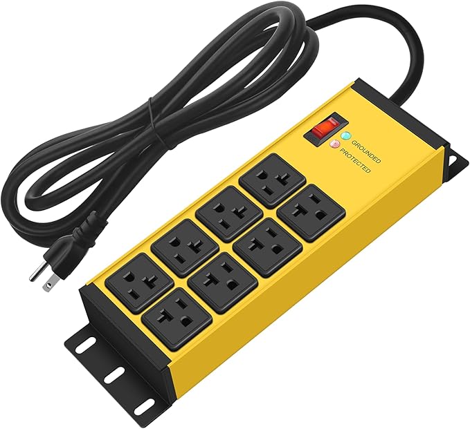 CCCEI Heavy Duty Power Strip Surge Protector 20 AMP Switch, 12 Gauge Extension Cord with Multiple Outlets, Industrial, Shop, Garage High Amp Wall Mount Electric Extender. 4FT, Yellow.