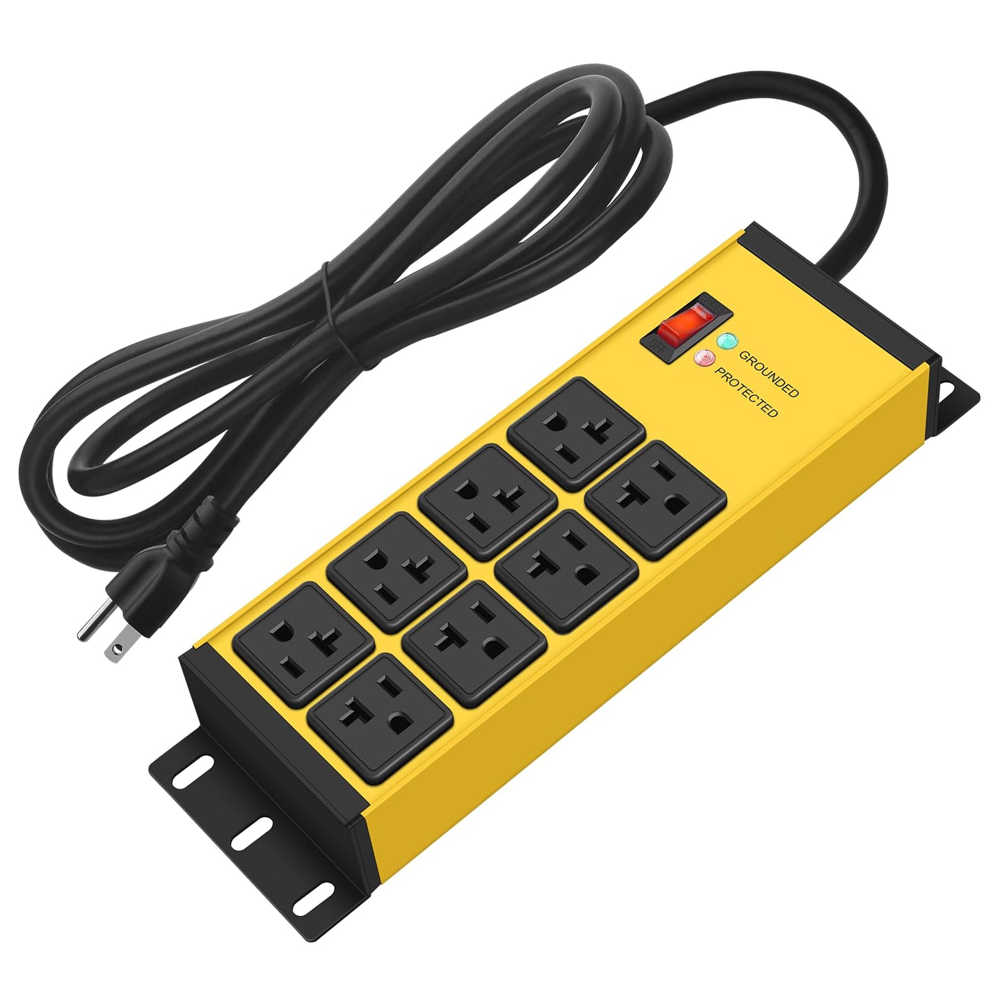 CCCEI Heavy Duty Power Strip Surge Protector 20 AMP Switch, 12 Gauge Extension Cord with Multiple Outlets, Industrial, Shop, Garage High Amp Wall Mount Electric Extender. 4FT, Yellow.