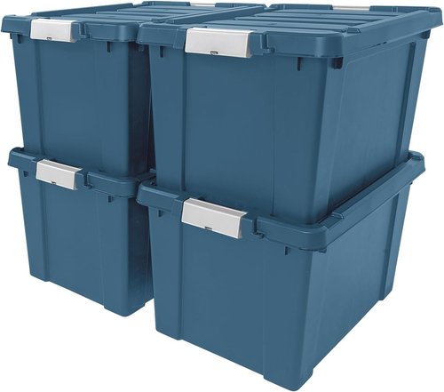 IRIS USA 20 Gallon Eco-Friendly Lockable Storage Bins - Heavy Duty, Stackable Containers, Navy | 4 Pack