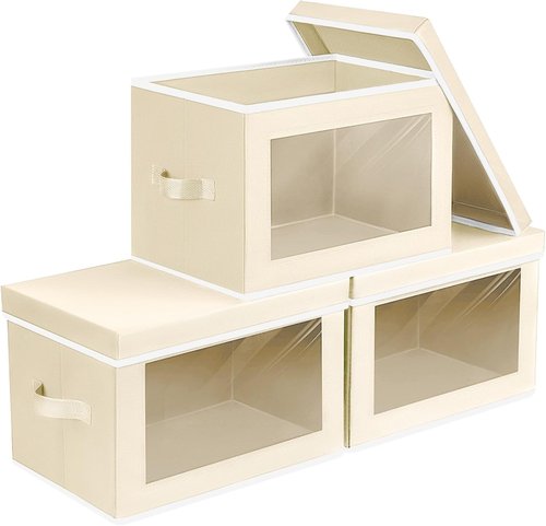 Homsorout Storage Bins - Small Collapsible Fabric Organizers with Lids | 3-Pack Beige for Clothes & Towels