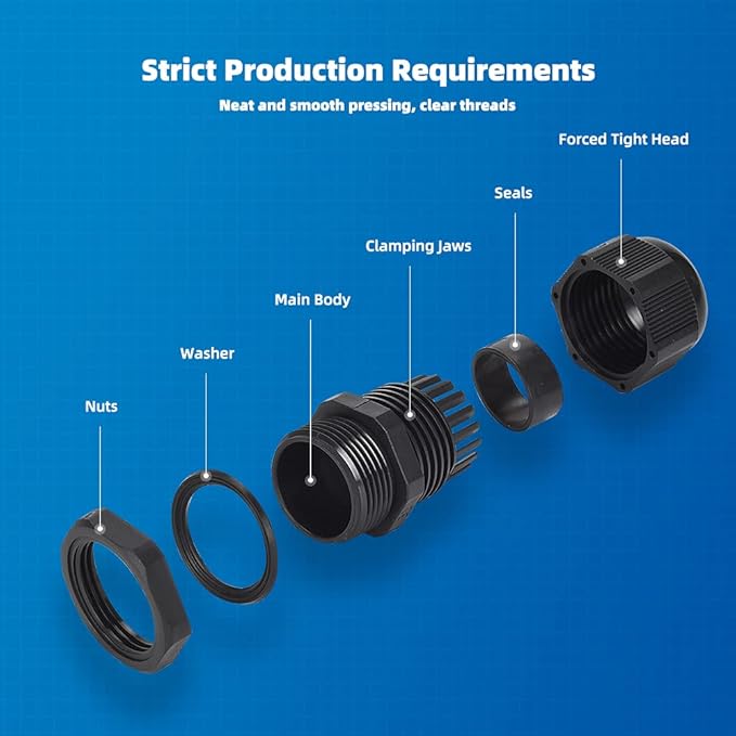 CGELE Cable Gland 20 Pack Plastic Waterproof Adjustable Connector 9-14mm PG16 Strain Relief Cord Connectors Joints Nylon with Gaskets