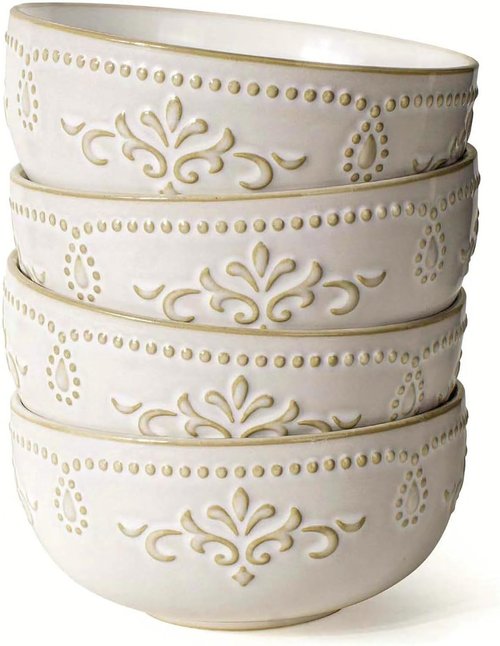 Artena Ceramic Soup Bowls Set of 4 - 32 OZ Embossed Ramen & Cereal Bowls | 6.3 Inch White Dinnerware