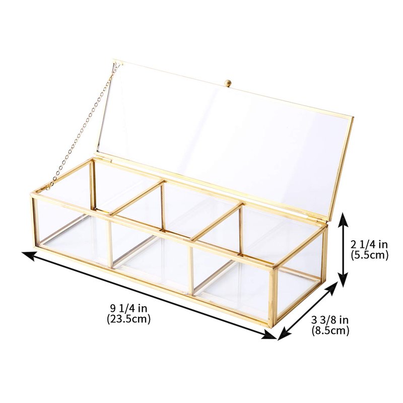 Utopz Vintage Golden Glass Lidded Box Clear Glass & Brass Metal Storage Jewelry and Cosmetic Makeup Organizer with Lid Beauty Display, Rectangle with 3 Compartment