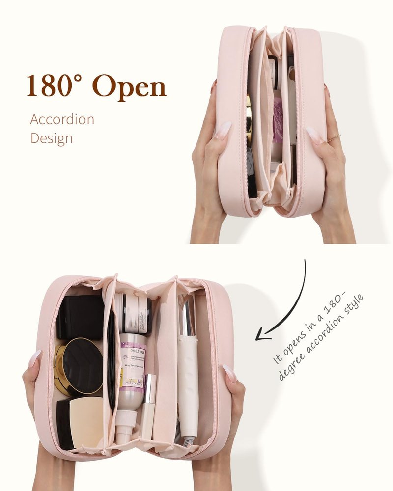 Pocmimut Makeup Bag,Open Flat Makeup Pouch Purse Car Accessories,Travel Essentials Organizer with Divider,Christmas Birthday Gifts for Mom and Lover,Pink