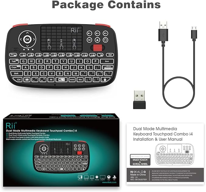 (Upgrade) Rii i4 Mini Bluetooth Keyboard with Touchpad, Blacklit Portable Wireless Keyboard with 2.4G USB Dongle for Smartphones, PC, Tablet, Laptop TV Box iOS Android Windows Mac.Black